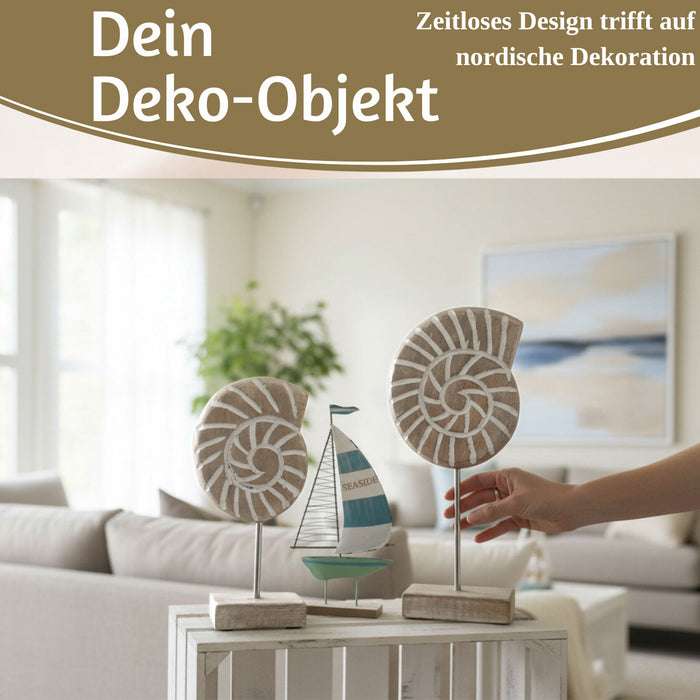 Deko Objekt Set 2x Muscheln Sylt Mango Holz Sockel Säule Maritim Grau Weiß