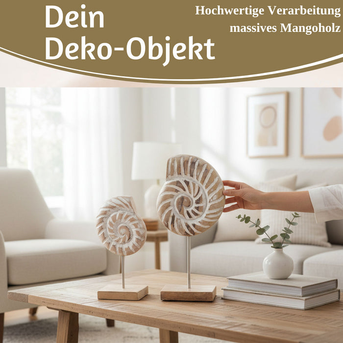 Deko Objekt Set 2x Muscheln Sylt Mango Holz Sockel Säule Maritim Grau Weiß