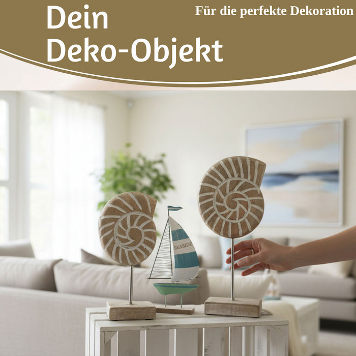 Deko Objekt Set 2x Muscheln Sylt Mango Holz Sockel Säule Maritim Grau Weiß