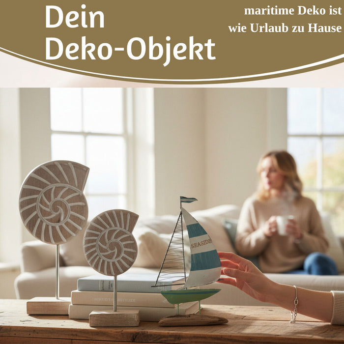 Deko Objekt Set 2x Muscheln Sylt Mango Holz Sockel Säule Maritim Grau Weiß
