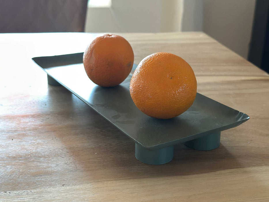 Metall Deko Tablett 34x13cm Grün Rechteck Füße Kerzentablett Servierteller