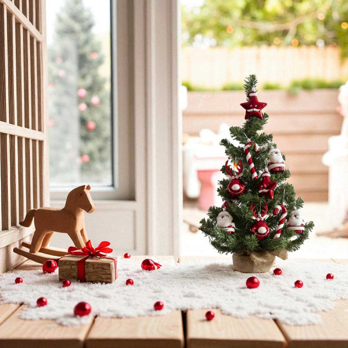 Deko Weihnachtsbaum 60cm Grün Rot geschmückt Sockel Tannenbaum Tisch Dekoration