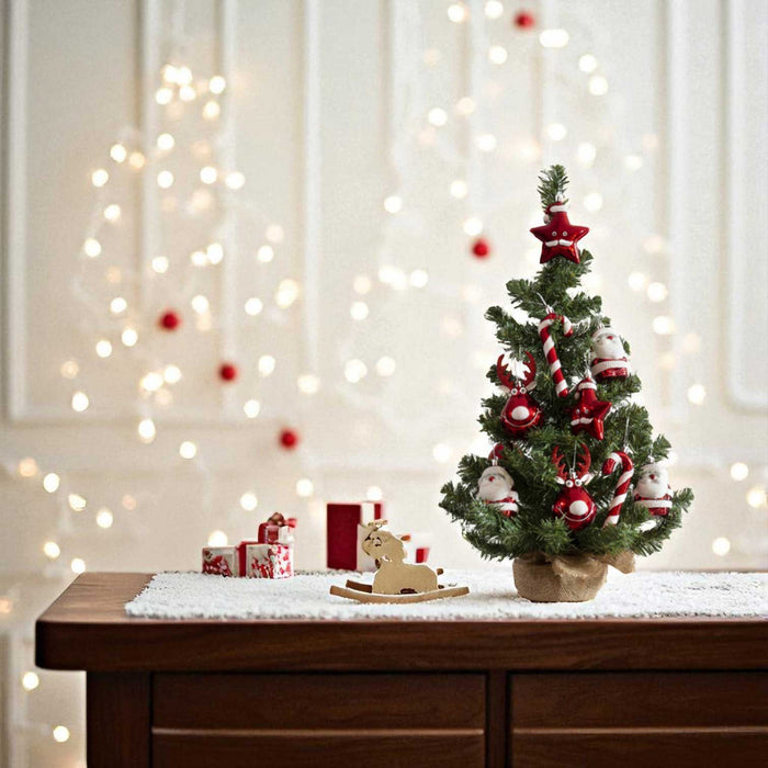 Deko Weihnachtsbaum 60cm Grün Rot geschmückt Sockel Tannenbaum Tisch Dekoration