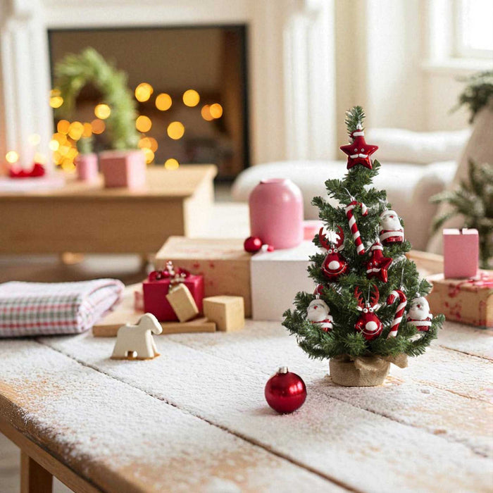 Deko Weihnachtsbaum 60cm Grün Rot geschmückt Sockel Tannenbaum Tisch Dekoration