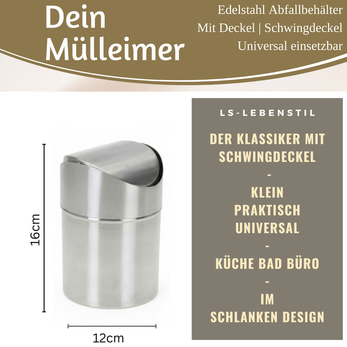 Edelstahl Mini Papierkorb Mülleimer 12x16cm Silber mit Schwing-Deckel Kosmetikeimer
