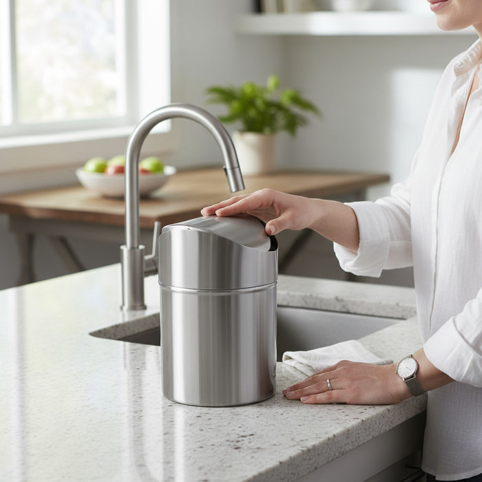 Edelstahl Mini Papierkorb Mülleimer 12x16cm Silber mit Schwing-Deckel Kosmetikeimer