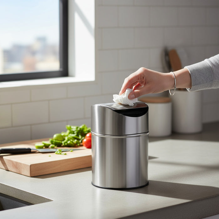 Edelstahl Mini Papierkorb Mülleimer 12x16cm Silber mit Schwing-Deckel Kosmetikeimer