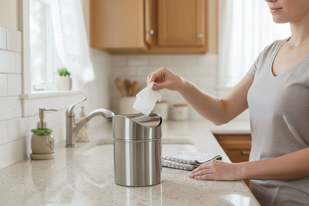 Edelstahl Mini Papierkorb Mülleimer 12x16cm Silber mit Schwing-Deckel Kosmetikeimer