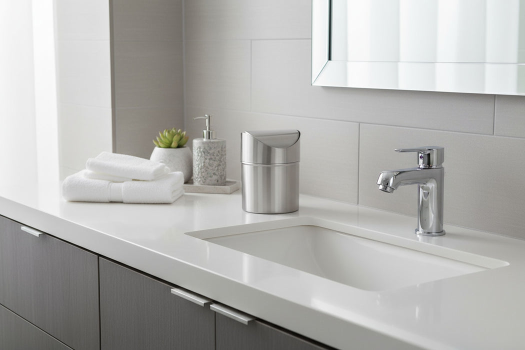 Edelstahl Mini Papierkorb Mülleimer 12x16cm Silber mit Schwing-Deckel Kosmetikeimer