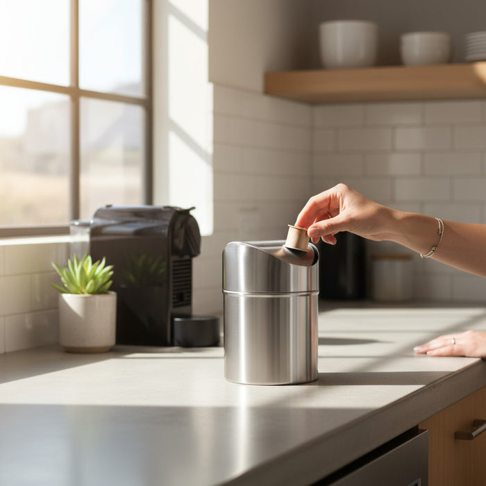 Edelstahl Mini Papierkorb Mülleimer 12x16cm Silber mit Schwing-Deckel Kosmetikeimer