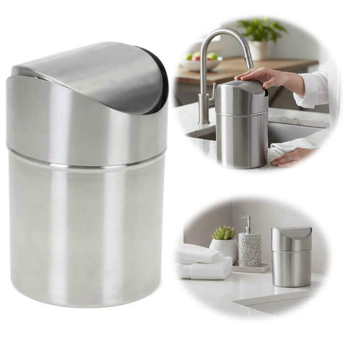 Edelstahl Mini Papierkorb Mülleimer 12x16cm Silber mit Schwing-Deckel Kosmetikeimer