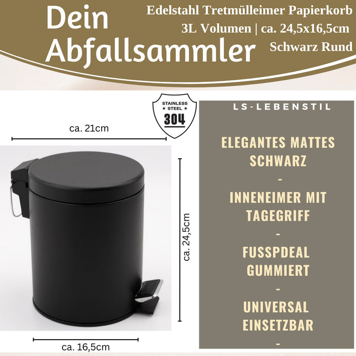 KI-generiertes Bild,Edelstahl Tretmülleimer Papierkorb 3L Schwarz Rund Kosmetikeimer Fußpedal Mülleimer