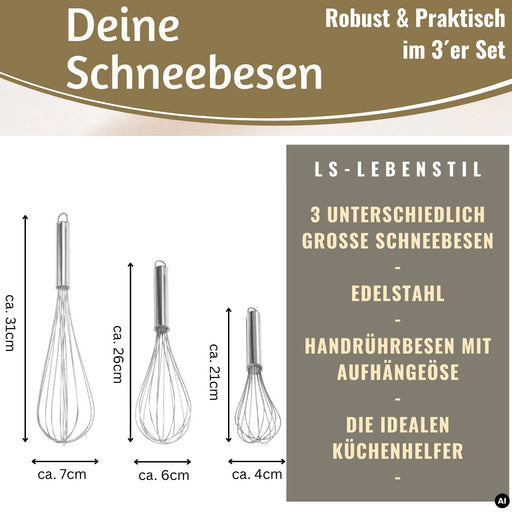 KI-generiertes Bild,Edelstahl Schneebesen 3´er Set 21cm 26cm 31cm Rührbesen mit Aufhängeösen