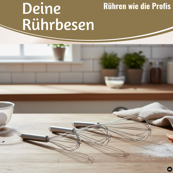 KI-generiertes Bild,Edelstahl Schneebesen 3´er Set 21cm 26cm 31cm Rührbesen mit Aufhängeösen