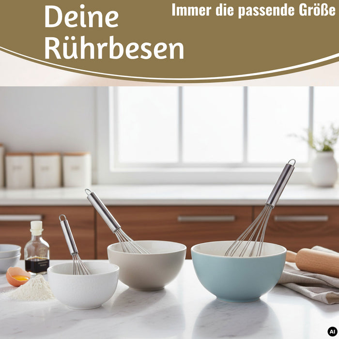 KI-generiertes Bild,Edelstahl Schneebesen 3´er Set 21cm 26cm 31cm Rührbesen mit Aufhängeösen