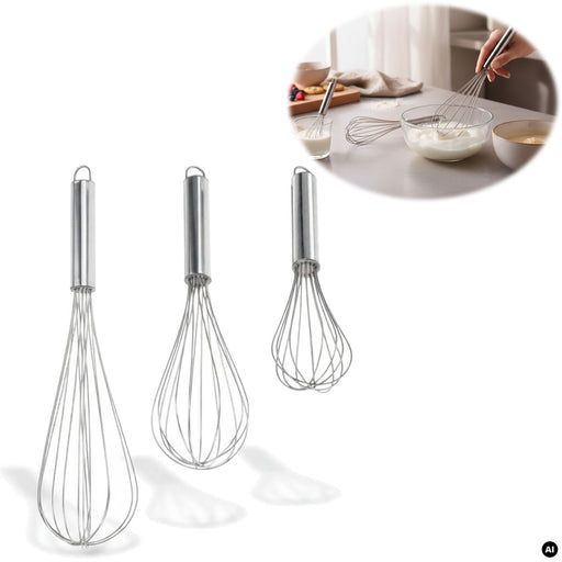 KI-generiertes Bild Edelstahl Schneebesen 3´er Set 21cm 26cm 31cm Rührbesen mit Aufhängeösen