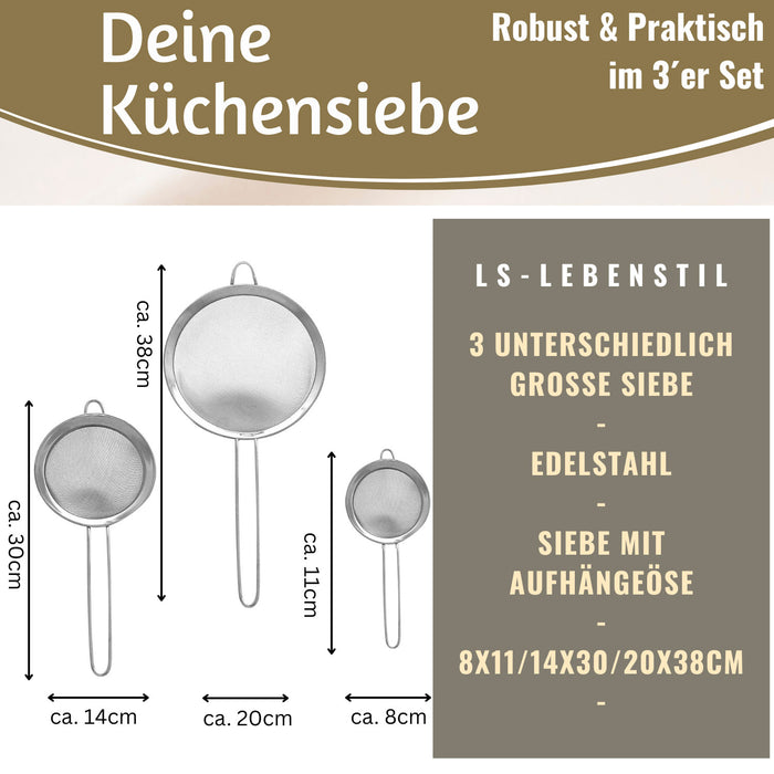 KI-generiertes Bild,Edelstahl Siebe 3´er Set 8cm 14cm 20cm Küchensiebe mit Aufhängeösen