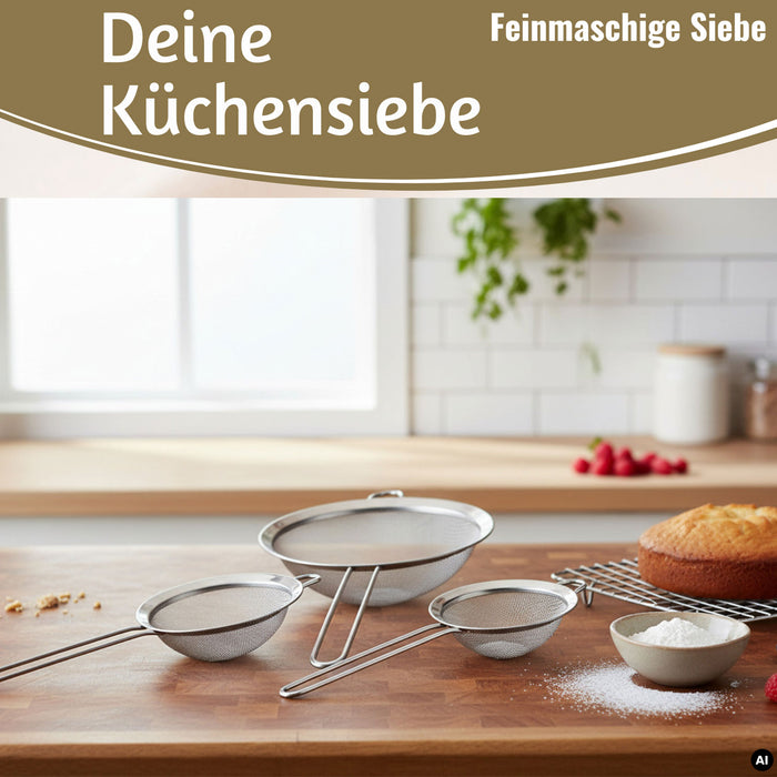 KI-generiertes Bild,Edelstahl Siebe 3´er Set 8cm 14cm 20cm Küchensiebe mit Aufhängeösen