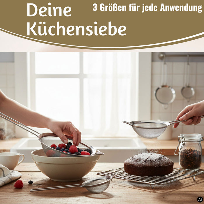 KI-generiertes Bild,Edelstahl Siebe 3´er Set 8cm 14cm 20cm Küchensiebe mit Aufhängeösen