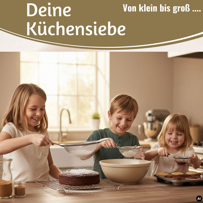 KI-generiertes Bild,Edelstahl Siebe 3´er Set 8cm 14cm 20cm Küchensiebe mit Aufhängeösen