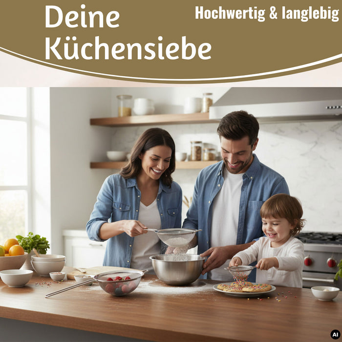 KI-generiertes Bild,Edelstahl Siebe 3´er Set 8cm 14cm 20cm Küchensiebe mit Aufhängeösen