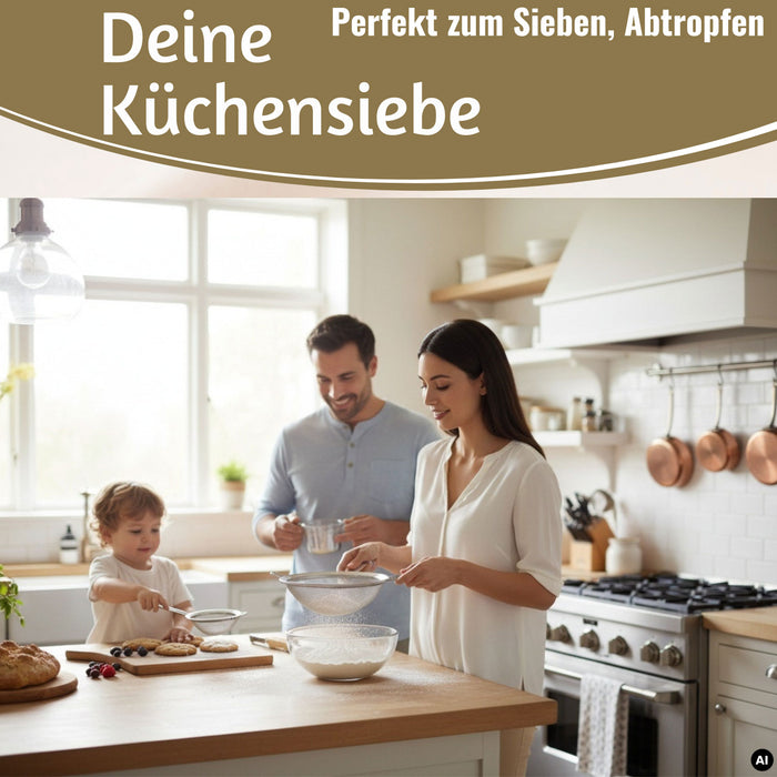 KI-generiertes Bild,Edelstahl Siebe 3´er Set 8cm 14cm 20cm Küchensiebe mit Aufhängeösen