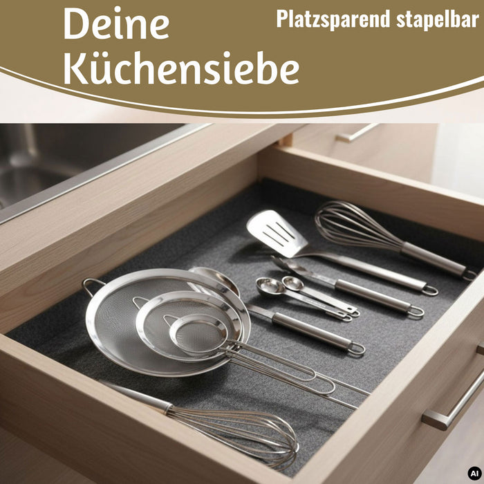 KI-generiertes Bild,Edelstahl Siebe 3´er Set 8cm 14cm 20cm Küchensiebe mit Aufhängeösen