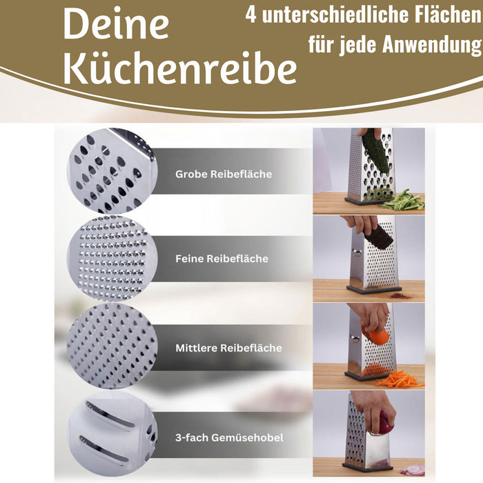 KI-generiertes Bild,Edelstahl Vierkantreibe Gemüsereibe 24cm 4 verschiedene Reibeflächen Gurkenhobel