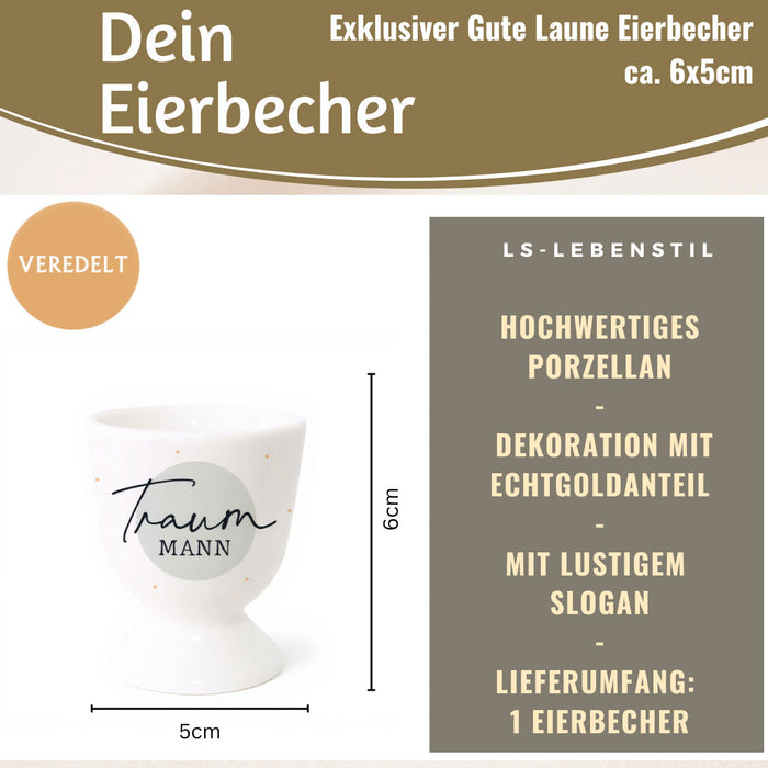 Eierbecher Echt-Gold Spruch "Traummann" Gute Laune Eierhalter