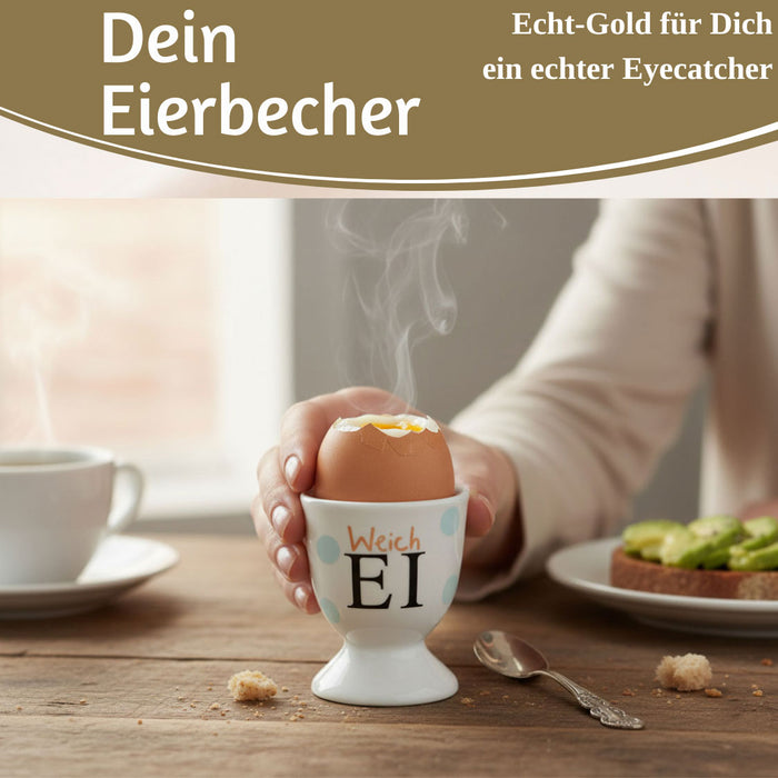 KI-generiertes Bild,Eierbecher Echt-Gold Spruch "Weich Ei" Gute Laune Eierhalter
