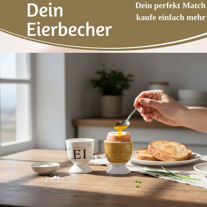 KI-generiertes Bild,Eierbecher Echt-Gold Spruch "Weich Ei" Gute Laune Eierhalter