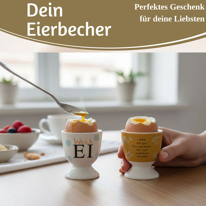 KI-generiertes Bild,Eierbecher Echt-Gold Spruch "Weich Ei" Gute Laune Eierhalter