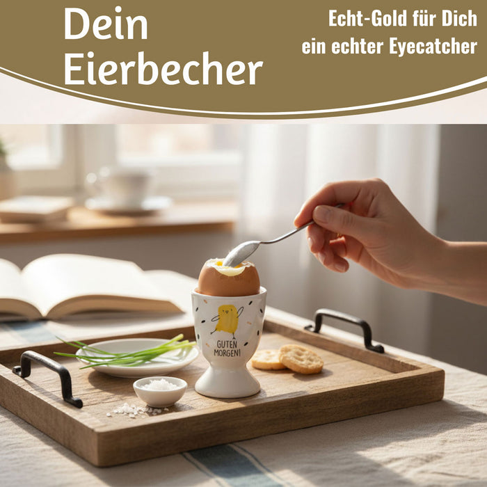 KI-generiertes Bild,Eierbecher Echt-Gold Spruch "Guten Morgen" Küken Gute Laune Eierhalter