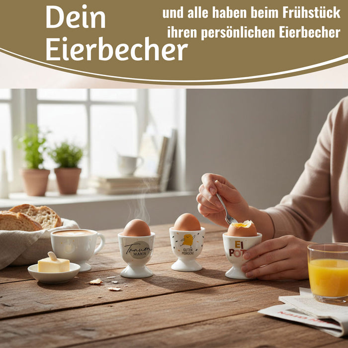 Eierbecher Echt-Gold Spruch "Guten Morgen" Küken Gute Laune Eierhalter