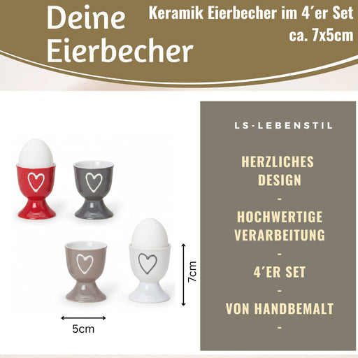 KI-generiertes Bild,4x Keramik Eierbecher Set Herz Grau Weiß Rot Braun Gute Laune Eierhalter