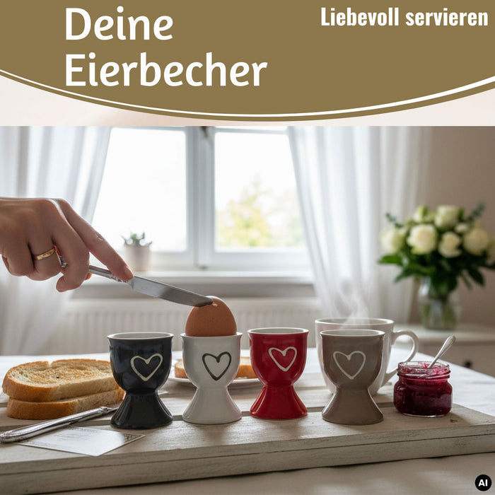 4x Keramik Eierbecher Set Herz Grau Weiß Rot Braun Gute Laune Eierhalter