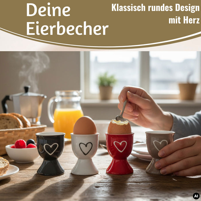 4x Keramik Eierbecher Set Herz Grau Weiß Rot Braun Gute Laune Eierhalter