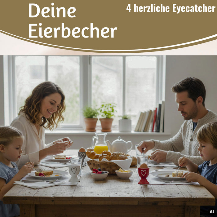 KI-generiertes Bild,4x Keramik Eierbecher Set Herz Grau Weiß Rot Braun Gute Laune Eierhalter