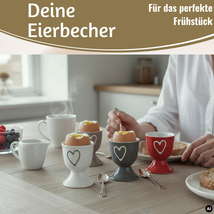 4x Keramik Eierbecher Set Herz Grau Weiß Rot Braun Gute Laune Eierhalter