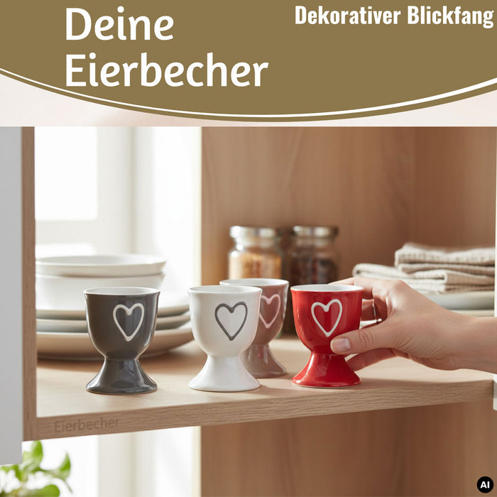 4x Keramik Eierbecher Set Herz Grau Weiß Rot Braun Gute Laune Eierhalter