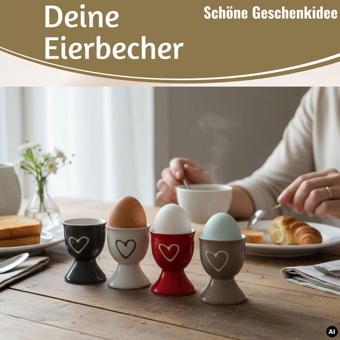 4x Keramik Eierbecher Set Herz Grau Weiß Rot Braun Gute Laune Eierhalter