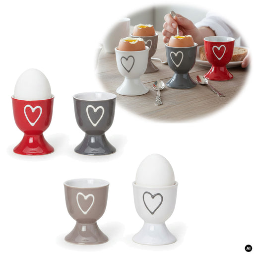 4x Keramik Eierbecher Set Herz Grau Weiß Rot Braun Gute Laune Eierhalter