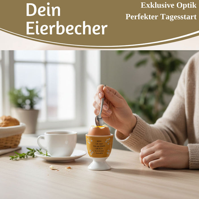 Eierbecher Echt-Gold Spruch "Zeit für Dinge glücklich" Gute Laune Eierhalter