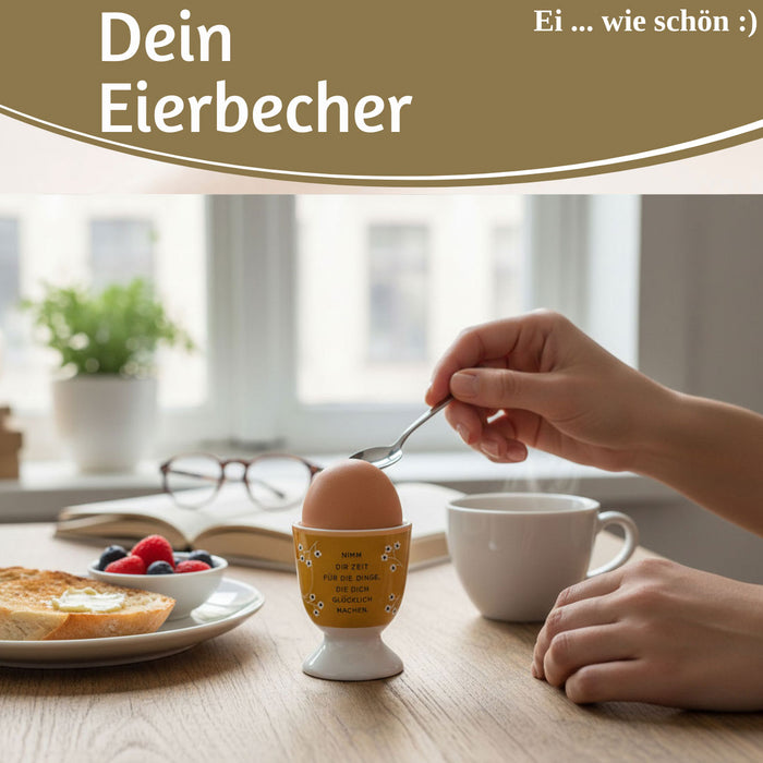 Eierbecher Echt-Gold Spruch "Zeit für Dinge glücklich" Gute Laune Eierhalter