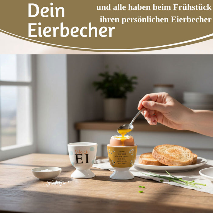Eierbecher Echt-Gold Spruch "Zeit für Dinge glücklich" Gute Laune Eierhalter