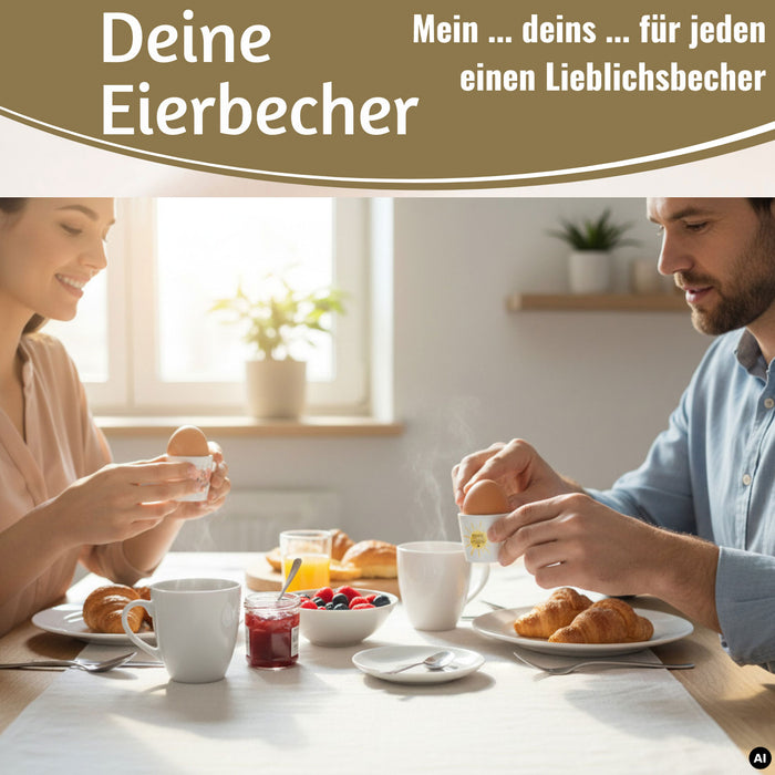 KI-generiertes Bild,4x Porzellan Eierbecher Set lustige witzige Sprüche Gute Laune Eierhalter