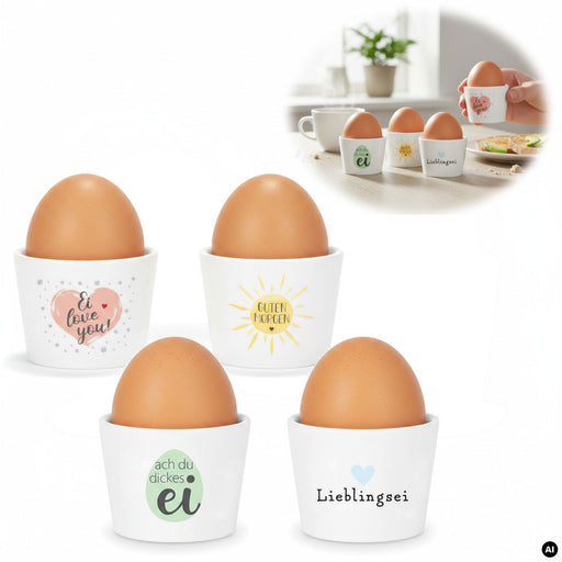 4x Porzellan Eierbecher Set lustige witzige Sprüche Gute Laune Eierhalter