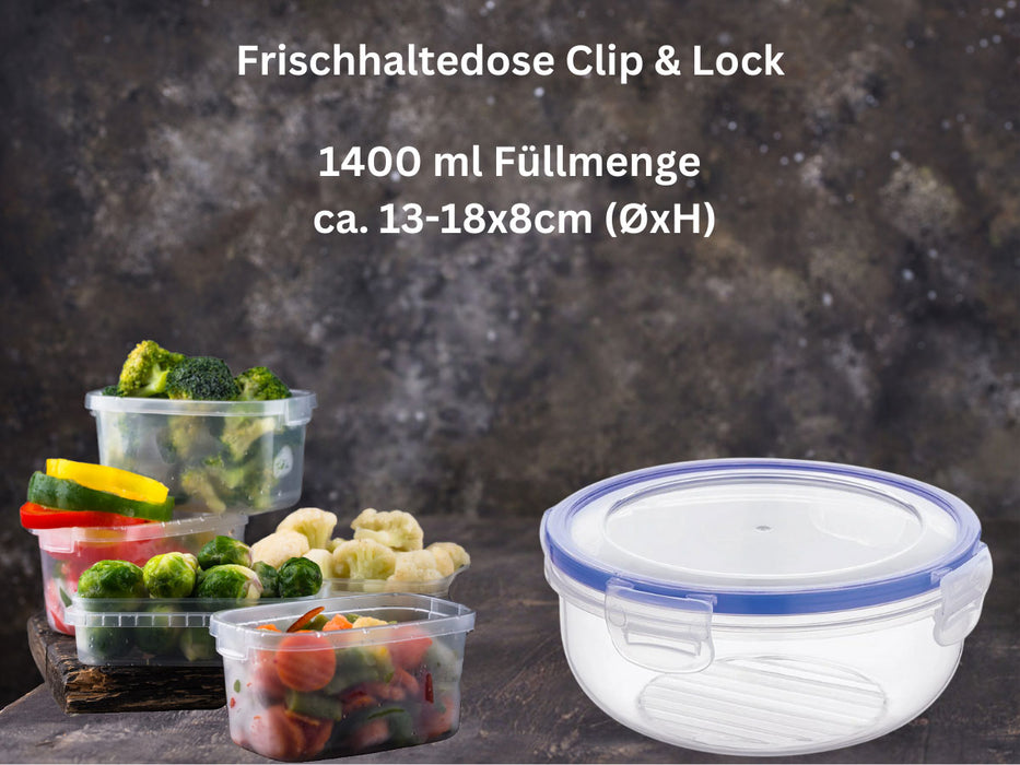 Frischhaltedose Clip & Lock 1400ml Rund mit Deckel Lebensmittel Mikrowelle Gefrierbox