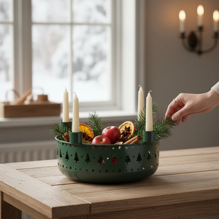 Kerzenschale Metall 23cm Rund Grün Dunkel Stabkerzen Kerzenständer Kerzenleiste