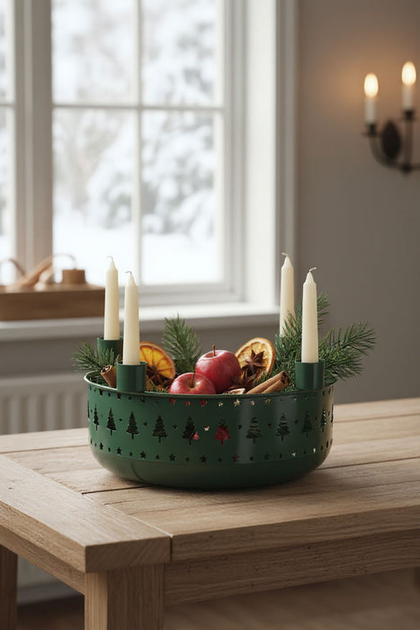 Kerzenschale Metall 23cm Rund Grün Dunkel Stabkerzen Kerzenständer Kerzenleiste